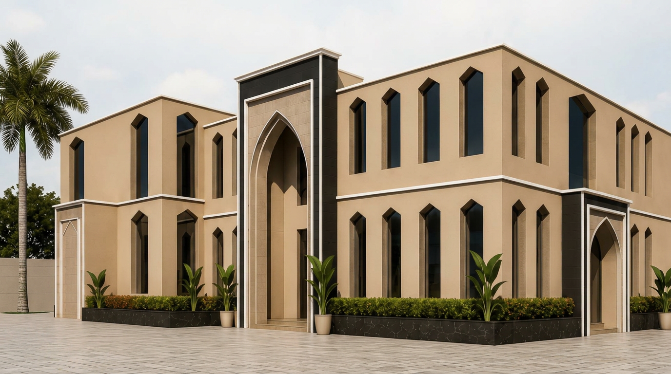 Architectural rendering of the new Falah Masjid and School